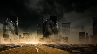 Dramatik bulutları olan harap şehir. Korkunç Cadılar Bayramı konsepti