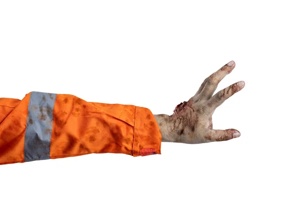 Mano Uno Spaventoso Lavoratore Edile Zombie Con Sangue Ferite Isolate — Foto Stock