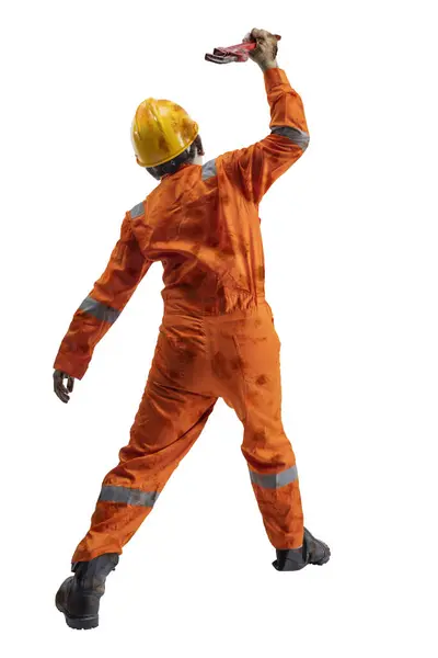Rear View Scary Construction Worker Zombie Blood Wounds His Body — Stock Photo, Image