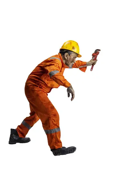 Zombie Trabalhador Construção Assustador Com Sangue Feridas Seu Corpo Andando — Fotografia de Stock