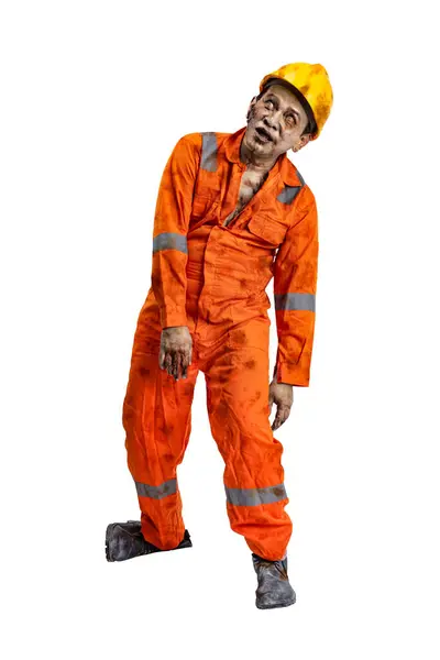 Scary Construction Worker Zombie Blood Wounds His Body Walking Isolated — Stock Photo, Image