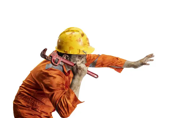 Scary Construction Worker Zombie Blood Wounds His Body Walking While — Stock Photo, Image