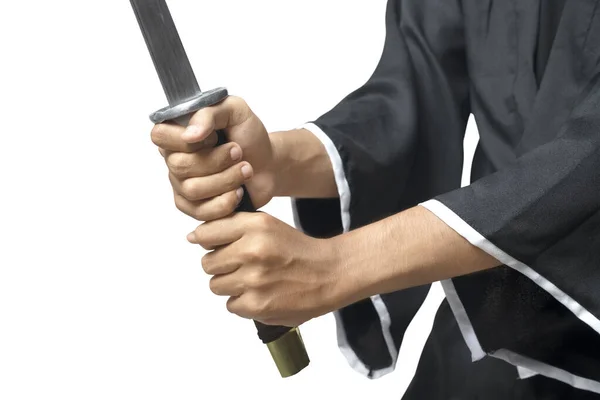 Samuraj Válečník Drží Meč Izolovaný Přes Bílé Pozadí — Stock fotografie