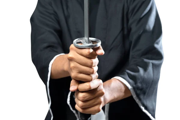 Samurai Krieger Hält Das Schwert Isoliert Über Weißem Hintergrund — Stockfoto