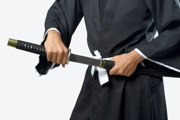 Guerrero Samurai Agarrando Espada Aislada Sobre Fondo Blanco — Foto de Stock