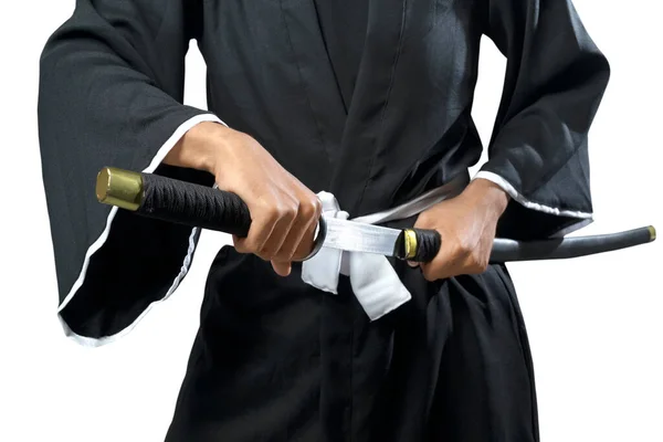 Samurai Krijger Grijpen Het Zwaard Geïsoleerd Witte Achtergrond — Stockfoto