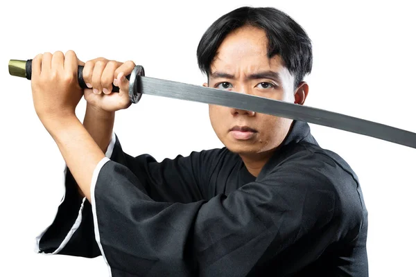 Guerrero Samurai Sosteniendo Espada Aislada Sobre Fondo Blanco — Foto de Stock