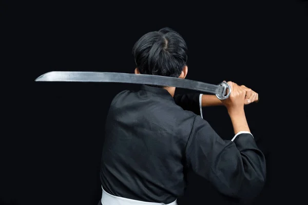 Bakifrån Samuraj Krigare Som Håller Svärdet Med Svart Bakgrund — Stockfoto
