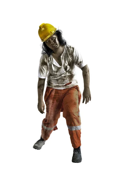 Een Enge Bouwvakker Zombie Met Bloed Wonden Zijn Lichaam Loopt — Stockfoto