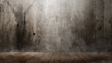 Ahşap zemin, arka planda grunge beton duvar var. Korkunç Cadılar Bayramı konsepti