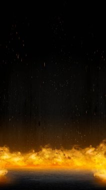 Beton zemin, arka planda alevler var. Korkunç Cadılar Bayramı konsepti