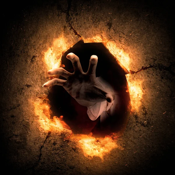 Zombie Hand Hole Fire Flames Background Scary Halloween Concept Stock Image
