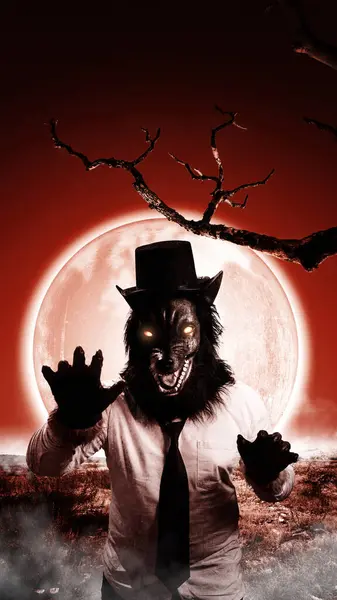 A werewolf in the field with a full moon background. Scary Wolf Halloween concept