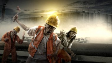 Vücudunda kan ve yara olan korkunç inşaat işçisi bir zombi yıkılmış bir fabrika binasında baltasını taşırken yürüyor. Korkunç zombi. Cadılar Bayramı konsepti