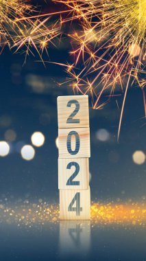 2024 havai fişek gösterisi ve bulanık ışık arkaplanı. Mutlu yıllar 2024