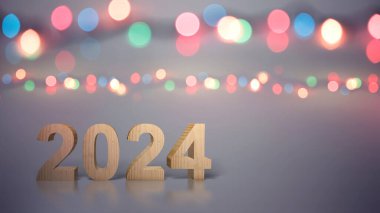 Bulanık ışık arkaplanı olan 2024. Mutlu yıllar 2024