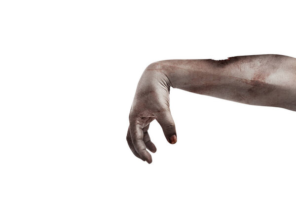 The hand of a scary zombie with blood and wounds isolated over a white background