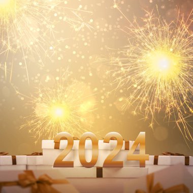 2024 havai fişek gösterisi ve bulanık ışık arkaplanı. Mutlu yıllar 2024