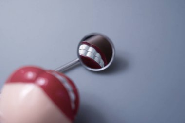 Gri arka planda diş aletleri. Dişçi ekipmanları ve araçları