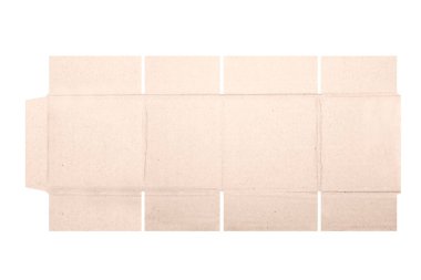 Beyaz arkaplan üzerinde izole edilmiş ölü kesim desenli karton kutu modeli. Uzunluğu 10 cm x Genişliği 8 cm x Yüksekliği 11 cm