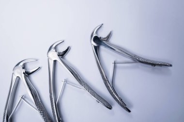 Gri bir arka planda dişçi pensesi. Dişçi ekipmanları ve araçları