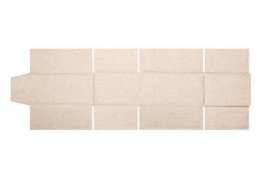 Beyaz arkaplan üzerinde izole edilmiş ölü kesim desenli karton kutu modeli. Uzunluğu 10 cm x Genişliği 7 cm x Yüksekliği 5 cm