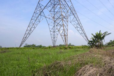 Mavi gökyüzü arka planına sahip yüksek voltajlı elektrik hatları kulesi