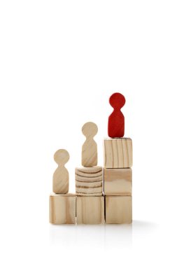 Wooden figures standing on wooden cube stairs. Human resources management concept