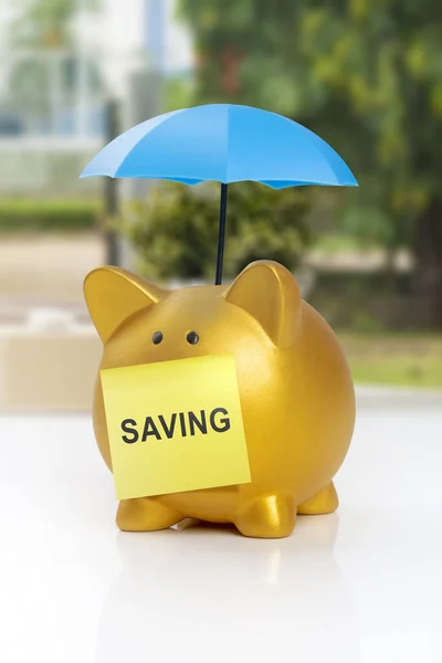 Blue umbrella above the piggy bank. Note paper with saving text on the piggy bank on a white table with a blurred background. Financial concept