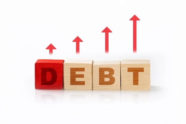Closeup View Wooden Cube Debt Words Arrow Financial Concept — Φωτογραφία Αρχείου