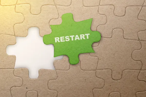 Piece Missing Jigsaw Puzzle Restart Text White Background New Beginning — Stock Photo, Image