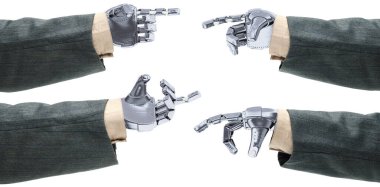 Beyaz arka planda izole edilmiş farklı el hareketleriyle iş elbiseleri içindeki robot eller.