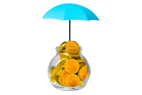 Ombrello Blu Protegge Monete Oro All Interno Vasi Vetro Sfondo — Foto Stock