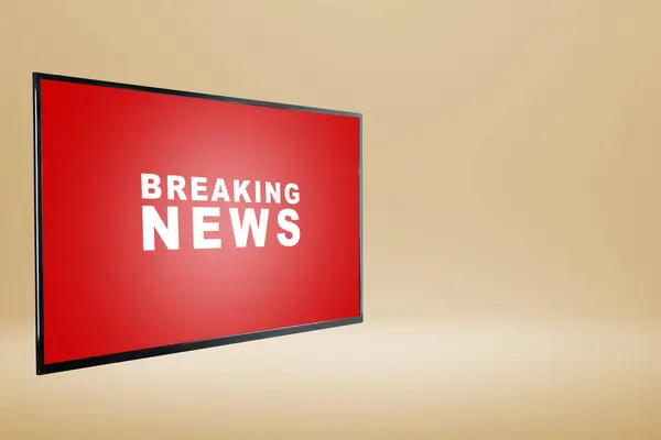 Big screen televisions with breaking news inscriptions on a colored background. Live broadcasting, news, and journalism concept