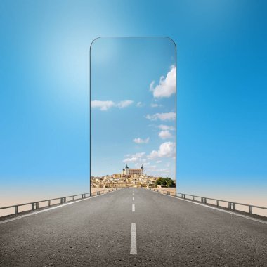 Binası ve mavi gökyüzü olan şehir manzaralı bir cadde renkli bir arkaplan üzerinde cep telefonu ekranı. Seyahat kavramı