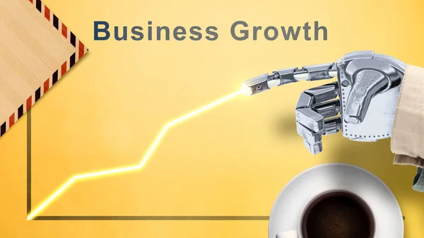 Robotic hand showing an increasing graph with business growth text. Business growth concept