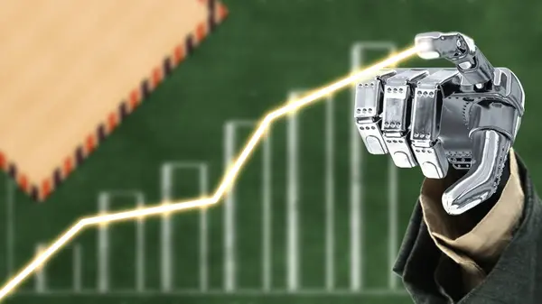Robotic hand showing an increasing graph. Business growth concept