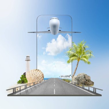 Dalgalar ve okyanus manzaralı bir sokak. Cep telefonu ekranında mavi gökyüzü ve renkli bir arka planda feribot. Seyahat kavramı