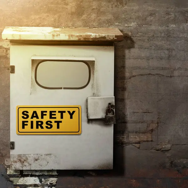 Safety first with yellow sign stuck on an old mailbox as a warning concept of industrial attention for employee awareness. Business concept for Avoid any unnecessary risk live safely and healthcare attention
