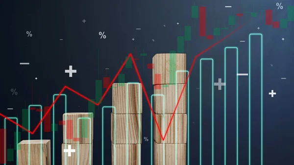 Image of growing stock chart and wooden cubes for trade exchange. Business analyze for growth graph process, goal, success and economic improvement concepts.