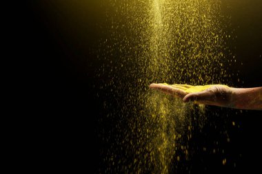 Siyah arka planda renkli Holi tozu olan insan eli. Holi festivali konsepti