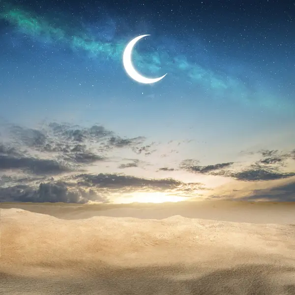Desert at night with beautiful crescent moon for wallpaper background. Night sky at the dessert with cressent moon. Muslim background idea.