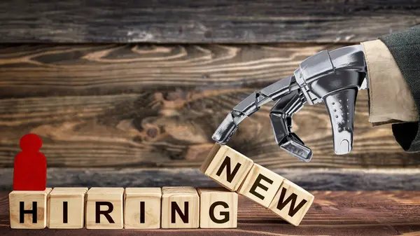 A robotic hand shows a row of wooden cubes with \'new hiring\' text and a red wooden peg doll on the table. Hiring concept
