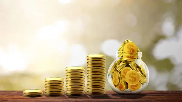 Stair stack of golden coins and golden coins inside the jar on the table. Saving money concept