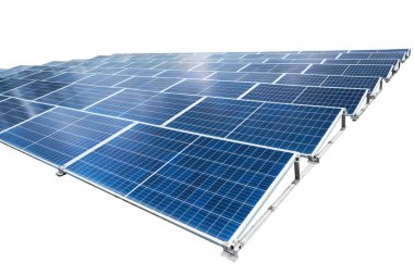 Bir dizi güneş pili paneli beyaz bir arkaplan üzerinde izole edilir. Alternatif elektrik kaynağı