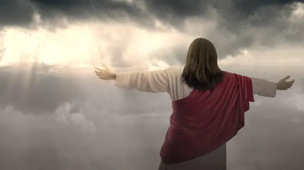 Rear View Jesus Christ Raised Hands Praying God Bright Light — Stock Photo, Image