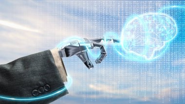 Robot el dijital arkaplandaki sanal beyine dokunur. Yapay zeka kavramı