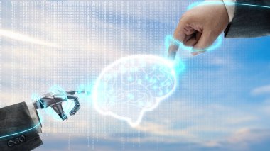 Robot el ve iş kolu dijital arka planda sanal beyine dokunuyor. Yapay zeka kavramı