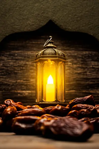 Arabic Lantern Dried Dates Fruit Iftar Ramadan Wooden Table Stock Image