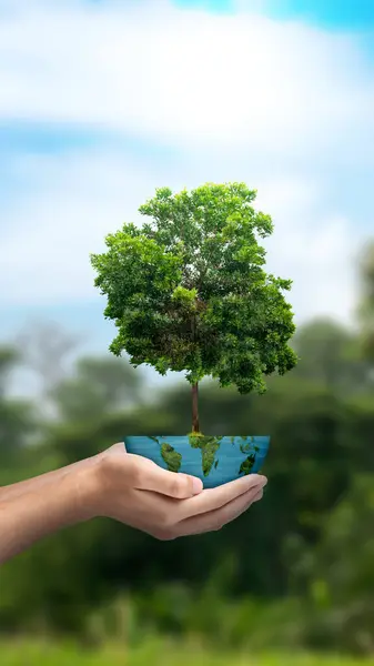 A human hand holding a globe with a growing plant on a blue sky background. Earth day concept